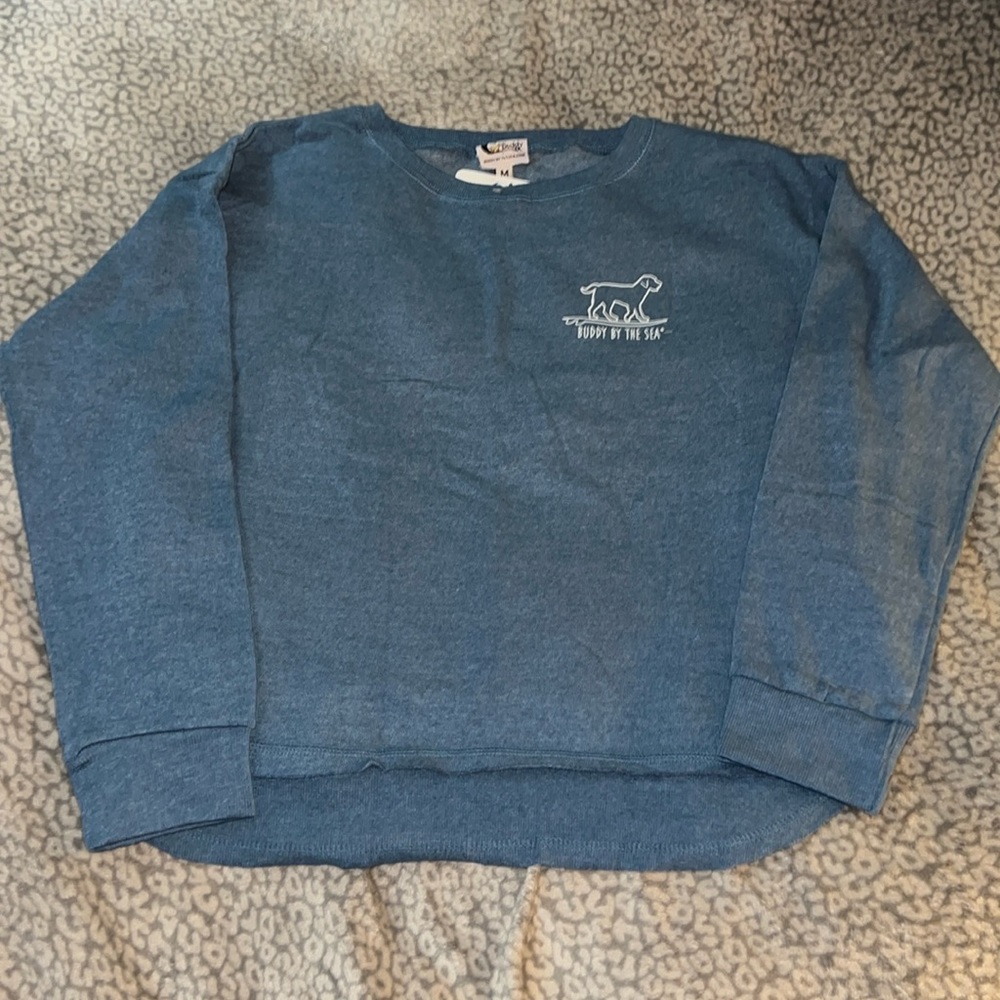 NWT Buddy By The Sea Blue Crewneck Sweatshirt Hi/Lo Dog Logo Starfish Size M